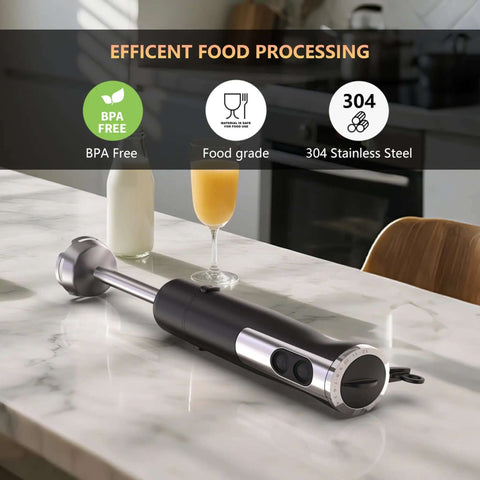 Heavy Duty 1000W Immersion Stick Blender With 12 Speed Settings And Turbo Boost on a marble countertop next to drinks.
