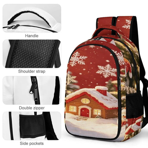 Red Winter Xmas Scene Printed Unisex Backpack Large Capacity Crafted From Durable Polyester With Breathable Panels