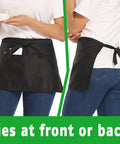 Front and back view of 12 Pack Black Waitress Aprons With 3 Pockets, Waist Aprons For Women And Men, showing tie options