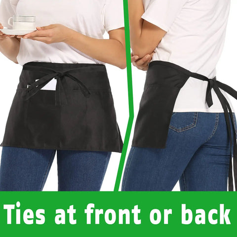 Front and back view of 12 Pack Black Waitress Aprons With 3 Pockets, Waist Aprons For Women And Men, showing tie options