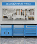 Heavy Duty 5 Drawer Rolling Tool Chest With Super Smooth Drawers To Glide Like Butter, featuring organized tools on a pegboard.