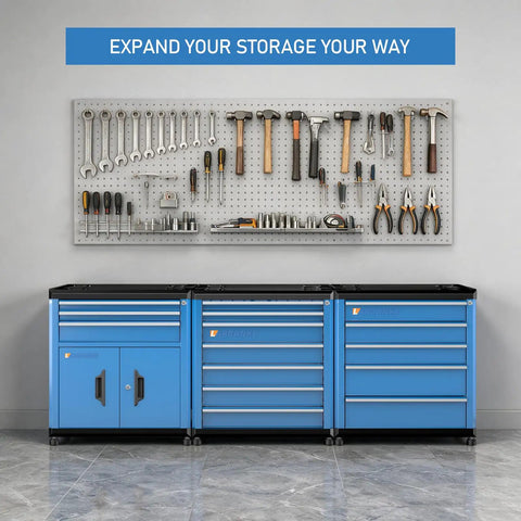 Heavy Duty 5 Drawer Rolling Tool Chest With Super Smooth Drawers To Glide Like Butter, featuring organized tools on a pegboard.