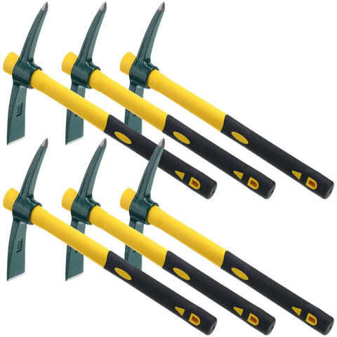 Six Piece 15 Inch Heavy Duty Forged Garden Pick Mattock Hoe Set With 1.5 Lb Heads And Rubber Non Slip Handles Displayed