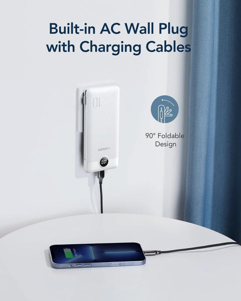 All In One Portable Charger With Built In AC Plug And Cables 10000mAh Ultra Slim Power Bank charging phone on wall