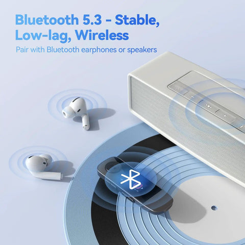 64GB Bluetooth MP3 Player With Type C USB 2 In 1 Plug And Play Grab And Go Clip On Design placed on vinyl record with Bluetooth icon