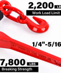 Ratcheting Chain Binders With Grab Hooks 1/4-5/16 Inch, 2,200 LBS Working Load, showing hook details and strength ratings.
