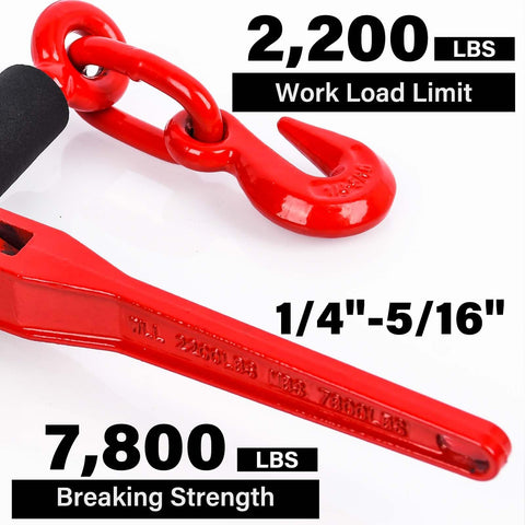 Ratcheting Chain Binders With Grab Hooks 1/4-5/16 Inch, 2,200 LBS Working Load, showing hook details and strength ratings.