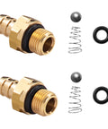 Front view of two Raincovo brass chemical injector fittings with 1/8 in BSP male threads, springs, O-rings, and balls.