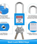 Blue LOTO Locks Set Five Pack With Keyed Different Locks, Two Keys Per Lock, OSHA Compliant Safety Padlocks close-up view