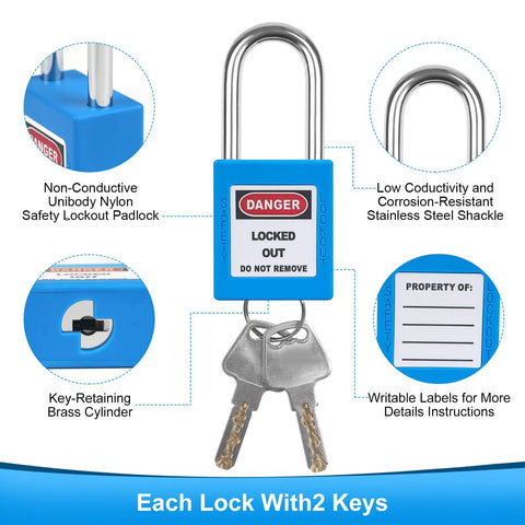 Blue LOTO Locks Set Five Pack With Keyed Different Locks, Two Keys Per Lock, OSHA Compliant Safety Padlocks close-up view