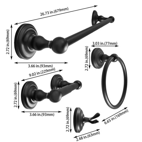 Modern Gold Bathroom Hardware Set In Satin Brass Finish With All Metal Construction Built To Last Includes Robe Hook Toilet Paper Holder Towel Ring And 24 Inch Towel Bar Wall Mounted 4 Piece Heavy Duty Die Cast Zinc showing dimensions and details.