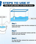 Heavy Duty 3/4 Inch Auto Siphon Hose Tube With 6 Foot Long Flexible Reach for quick liquid transfer, illustrated in three easy steps.