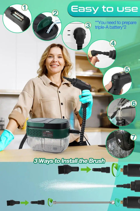 Person using Hands Free Handheld Steam Cleaner With Handle Control One Point Six Liter Large Water Tank 3 Level Steam Output