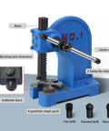 Beefy 1 Ton Manual Arbor Press For Riveting And Precision Hole Punching On A Heavy Duty Cast Iron Desktop Base With Stable Four Hole Mount And A Five And A Half Inch Maximum Height, showing side view with labeled parts.