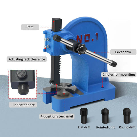 Beefy 1 Ton Manual Arbor Press For Riveting And Precision Hole Punching On A Heavy Duty Cast Iron Desktop Base With Stable Four Hole Mount And A Five And A Half Inch Maximum Height, showing side view with labeled parts.