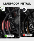 6AN PTFE Nylon Braided Fuel Line Kit For EFI LS Swaps And Turbo Builds, leakproof installation comparison showing no leaks vs leaks