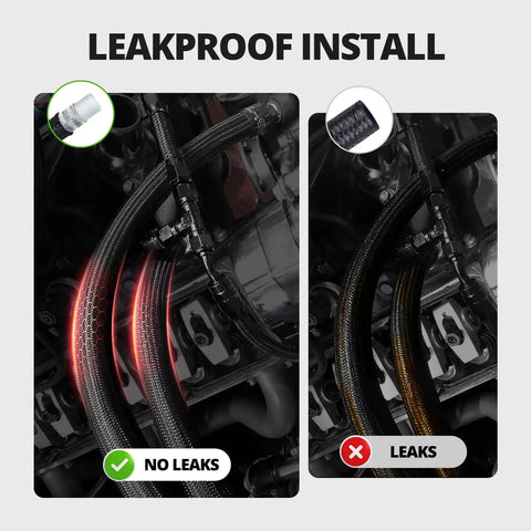 6AN PTFE Nylon Braided Fuel Line Kit For EFI LS Swaps And Turbo Builds, leakproof installation comparison showing no leaks vs leaks