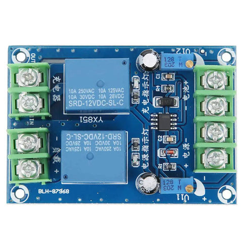 DC 12V 10A Automatic Power Switching Module For Emergency Power Supply And Charging, High Reliability, Priority Load Distribution, Rock Solid Heavy Duty Backup Power Controller For Uninterruptible Systems, Built To Meet Strict Quality Standards. blue PCB relay module with screw terminals