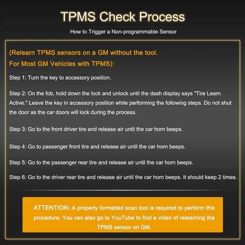 TPMS check process steps for relearning a sensor on GM vehicles without a tool, including key positions and tire air release.
