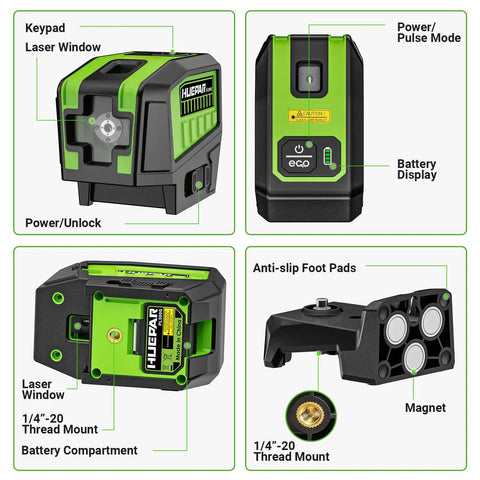 Three Point Self Leveling Laser Level With Plus Mode And 360 Degree Magnetic Base For Quick Plumb Dots Alignment, DIY Friendly And Pro Grade, 98-165 Ft Range, Includes 2 AA Batteries And Hard Carrying Case PL300G showing features
