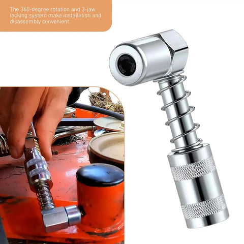 90 Degree Grease Coupler Adapter for Heavy Duty Grease Guns 3 Jaw Spring Lock Steel Fittings in use on machinery