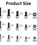 580 Pcs M3 M4 M5 Screws and Nuts Set Black Countersunk Phillips Flat Head Machine Screws with Washers Carbon Steel Assortment Kit, detailed product size chart showing quantities and dimensions.
