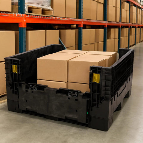 Kickass Workhorse Industrial Grade Collapsible Bulk Box With 1700 Pound Capacity containing brown boxes in a warehouse setting.