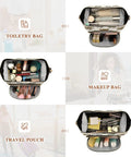 Open makeup bag showing interior compartments of Vintage Aircraft Cartoon Makeup Bag With Quilted Design And Wide Open Access.