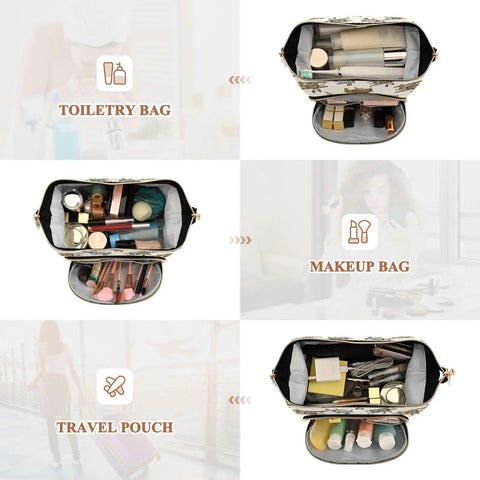 Open makeup bag showing interior compartments of Vintage Aircraft Cartoon Makeup Bag With Quilted Design And Wide Open Access.