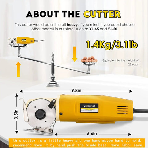 Heavy Duty Electric Rotary Fabric Carpet Cutter With 70mm Octagonal Blade, 1.4Kg weight with dimensions for precise textile trimming.