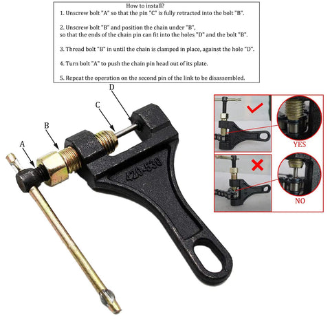 Heavy Duty Chain Splitter Cutter Tool For 420 428 520 525 530 Chains Link Remover with installation guide