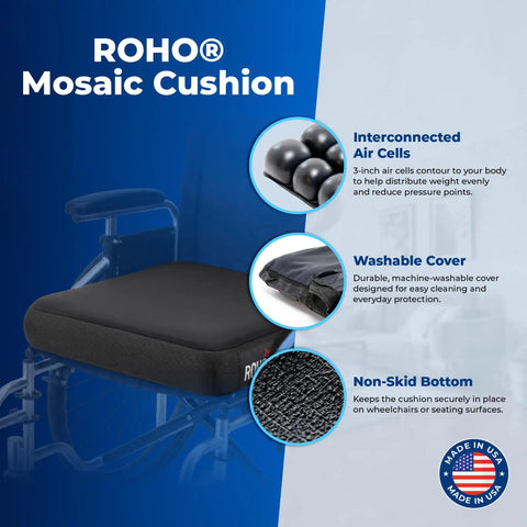 Roho Mosaic Inflatable Seat Cushion For Wheelchair And Office Chair With Adjustable Air Cell Comfort Support Heavy Duty Non Slip Cover Portable Design 18X16 Inch on a wheelchair with interconnecting air cells.