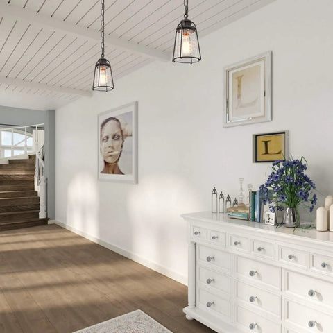 Farmhouse Pendant Lighting Mini Rustic Hanging Light With Seeded Glass Shade For Kitchen Island Foyer Hallway Bedroom Or Entryway In Bronze Finish Open Air Lantern Design For Cozy Rustic Vibe illuminating a white hallway.