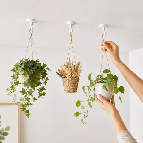 360 Degree Swivel Adhesive Wall And Ceiling Hooks, Heavy Duty No Drill Hanging Clips, Easy Peasy Setup For Plants, Lights, Wind Chimes, And Home Decor with hanging pots.