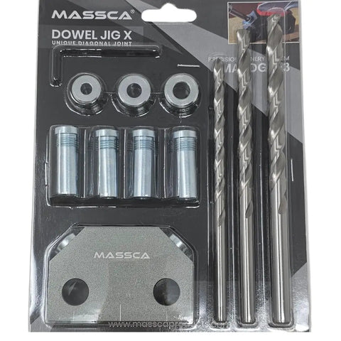 Pro Level Dowel Jig Kit Featuring Three Precision Drill Guide Bushings And Matching Bits for easy angled joinery and woodworking.