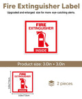 Two Pack Fire Extinguisher Inside Sign Stickers, Self Adhesive Vinyl Safety Labels, Waterproof, Red On White, 3x3 inches