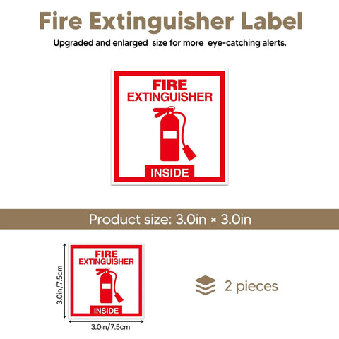 Two Pack Fire Extinguisher Inside Sign Stickers, Self Adhesive Vinyl Safety Labels, Waterproof, Red On White, 3x3 inches