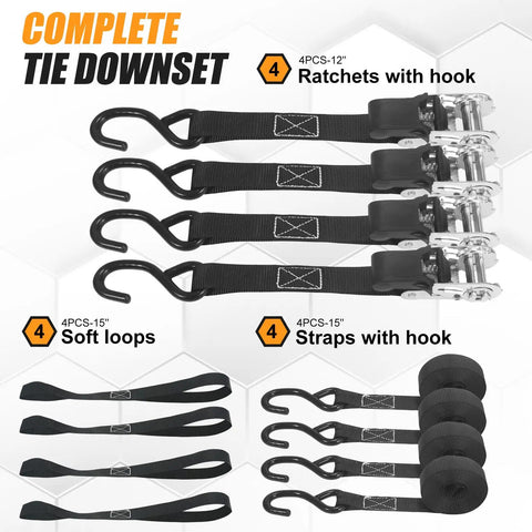 Heavy Duty Self Retracting Ratchet Straps 1500 Lbs Break Strength 1 X 15 Ft showing four 12" ratchets and soft loops.