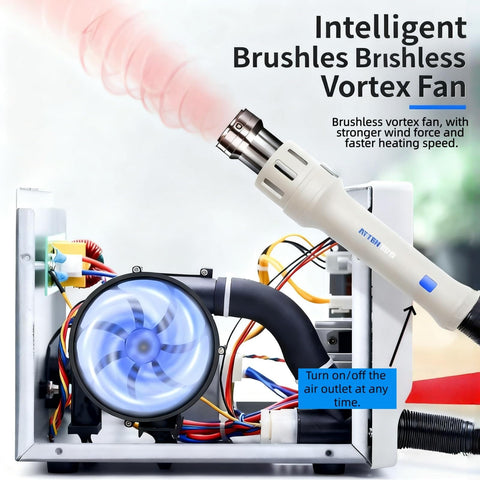 Interior view of Beefy 1000W Digital Hot Air Rework Station showing brushless vortex fan and control components.