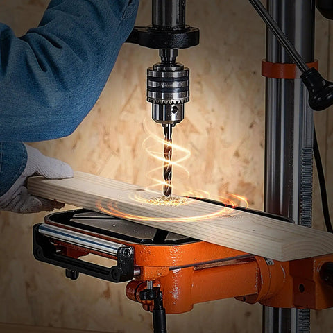 Built Different 12 Inch Benchtop Drill Press With Beefy 5 Amp Motor And Variable Speed Control drilling wood with laser guide.