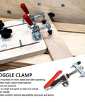 Beefy Pro Grade Heavy Duty Double Head Push Pull Toggle Clamp For Woodworking Jigs And Welding, attached to wood fixture.