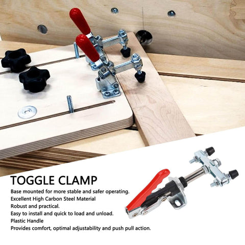 Beefy Pro Grade Heavy Duty Double Head Push Pull Toggle Clamp For Woodworking Jigs And Welding, attached to wood fixture.