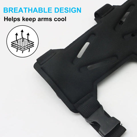 Close-up view of Adjustable Archery Arm Guard Bracer showing breathable design and strap detail.