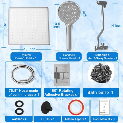 3 Way Diverter Shower Head Kit With Adjustable Extension Arm For A Simple Bathroom Upgrade, 10 Inch Rain Showerhead 5 Spray Modes Handheld Option Leak Free Fit No Tools Needed, components layout