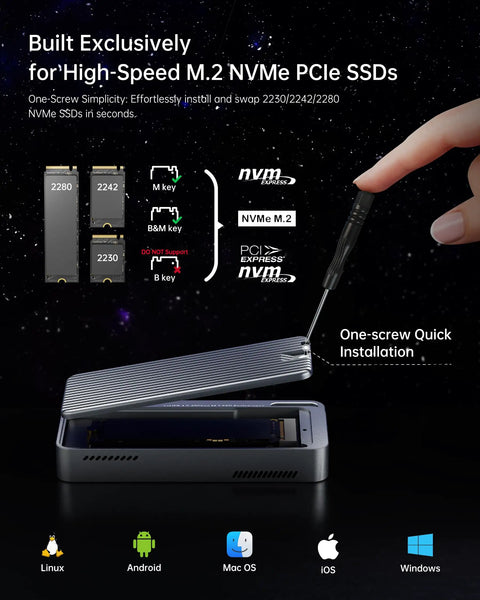 Blazing Fast 40Gbps USB4 NVMe Enclosure With Heavy Duty Triple Cooling Aluminum Shield For Thunderbolt 4 And 3 features M.2 NVMe SSD installation.