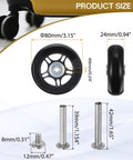 Luggage Suitcase Replacement Wheels 80x24mm Rubber Swivel Caster Bearings Repair Kit size overview with wheel and screws.