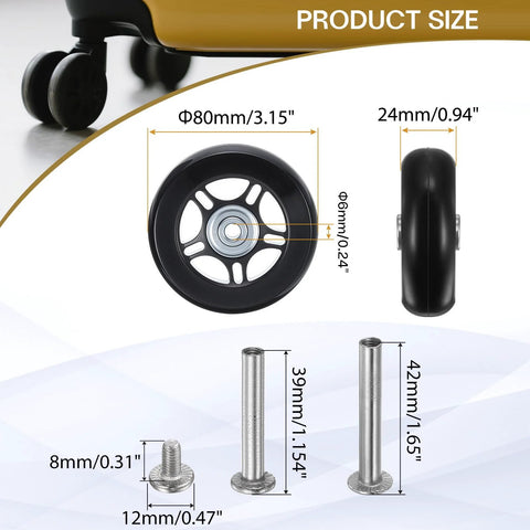 Luggage Suitcase Replacement Wheels 80x24mm Rubber Swivel Caster Bearings Repair Kit size overview with wheel and screws.