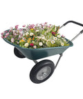 Two Wheel Garden Wheelbarrow Cart With Built In Stand For Home Yard Work, filled with flowers, rust proof frame and air filled tires