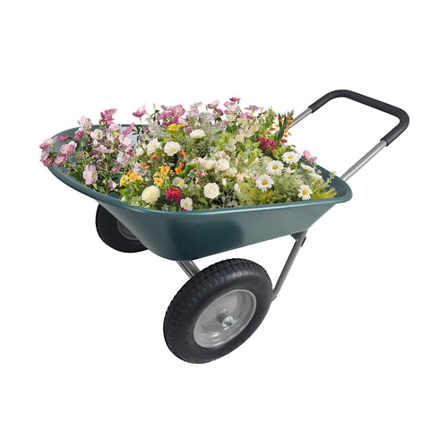 Two Wheel Garden Wheelbarrow Cart With Built In Stand For Home Yard Work, filled with flowers, rust proof frame and air filled tires