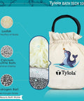 Hydrogen-Rich Bath Water Filter for Tub Faucet with 7 oz purifying minerals shown in a branded drawstring bag.